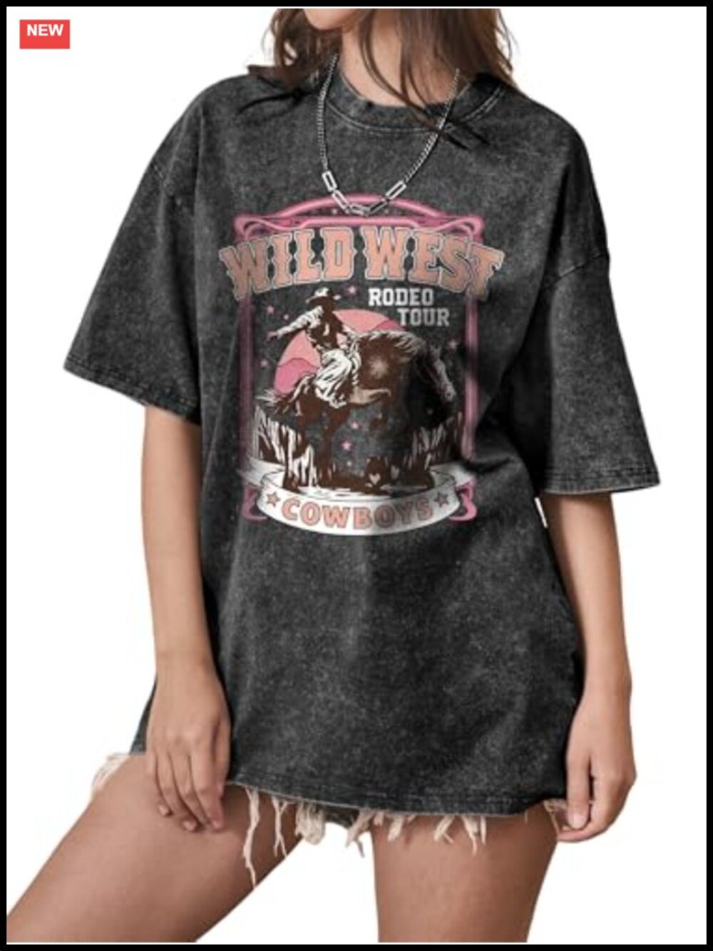 Oversized Western Graphic Tee Acid Wash Short Sleeve Crew Neck T-Shirt